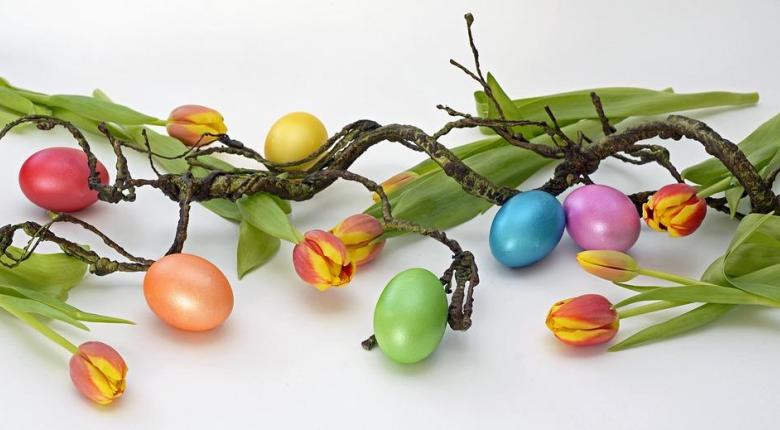 Colorful eggs and tulips on twisted branches.